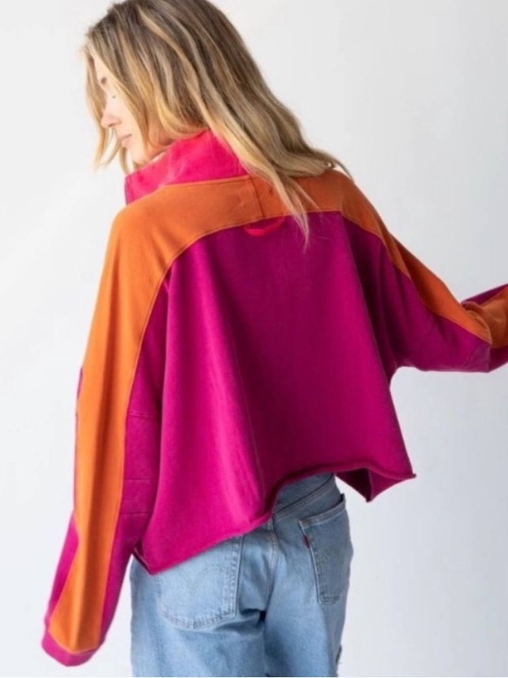 Natural Life Jess Colorblock 1/4 Zip Cotton Pullover Hot Pink XL - Picture 3 of 9